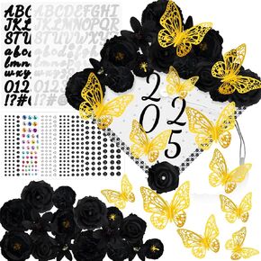 Graduation Cap Decorations Kits Faux Flower 3D Butterfly Rhinestones Glitter Alphabet Letter Sticker Champagne Color Flower DIY Graduation Cap Decor for Grad Cap Topper Graduation Party DIY Craft in Kuwait