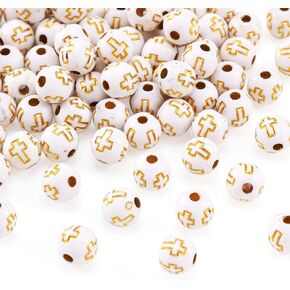 Pandahall 100 Pcs Round Acrylic Crucifix Cross Bead 8mm Beige Round Ball Bead Spacer Round Religious Spacer Bead for Holy Catholic Rosary Necklace Bracelet Jewelry Making DIY Supplies