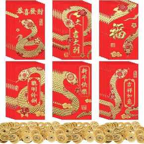 36 Pcs Chinese New Year Red Envelopes and 120 Pcs Fortune Coins Set 6.7x3.5 Inch 2025 Red Chinese Envelopes Good Luck Ornaments for Chinese Spring Festival Feng Shui Coin Health Wealth Ancient Dynasty