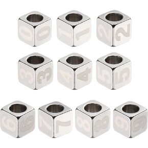 HARFINGTON 10Pcs Stainless Steels Number Beads Number 0-9 Cube Silver Metallic Large Square Metal Dice Beads for Jewelry Bracelets Necklaces Earrings