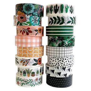 Washi Tape Set of 16 Rolls of 15 mm Wide Cute Decorative Washi Tape for Journaling, Scrapbook, Washy Crafts, Bullet Journals, Planners, DIY Décor, Craft Supplies For Adults & Kids (Meadow)
