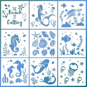 9 PCS Sea Life Stencils للطلاء ، قوالب الطلاء المحيطية القابلة لإعادة الاستخدام 8 × 8 بوصة ، وموظفي حورية البحر للطلاء على الخشب ، وقالب DIY Craft للطلاء على الأثاث ، واللوحة ، والجدار ، والديكور المنزلي