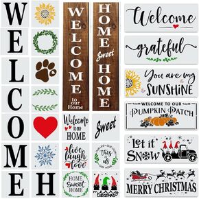 26 PC Large Welcome Stencils for Painting on Wood - Home and Welcome Stencil for Wood Sign - Farmhouse & Christmas Stencils incl. Grateful & This is Us -Stencils for Crafts Reusable for Art Projects