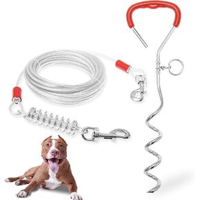 Dog Tie Out Cable and Stake, 30 FT Long Dog Cable Leash with Buffer Spring for Dogs Outside Yard Camping Travel Beach,etc., Heavy Duty Anti Rust Stake for Small Medium Large Dogs