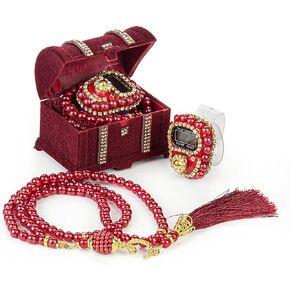 İhvan Online Chest Gift Box with Islamic Finger Counter and Prayer Beads, Portable Digital Tasbeeh, Pearl Zikirmatic Beads, 2 Pieces Gift for Ramadan & Eid & Mevlüt (Burgundy)
