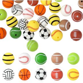 30Pcs Sports Silicone Beads for Keychain Making,15mm Round Silicone Focal Beads Bulk Football Basketball Soccer Baseball Multicolor Sports Beads Soft Rubber Round Beads for Lanyard Necklace DIY