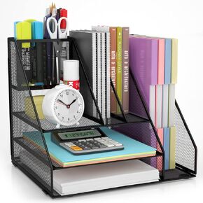 VIEERINN Desk Organizer with File Holder, Desk Organizers with 3 Tier Letter Trays and 2 Pen Holders, Mesh Desk Accessories & Workspace Organizers, Desktop File Organizer and Storage for Home Office