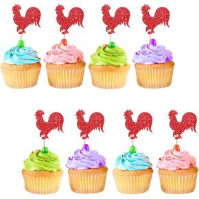 24pcs Rooster Cupcake Toppers, Farm Animal Cupcake Toppers, Red Glitter Farmhouse Rooster Cupcake Picks, Farmer Birthday/Rooster Animal Themed Baby Shower Party Supplies