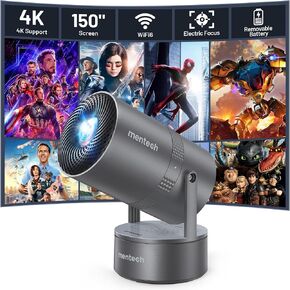 Mini Projector with WiFi and Bluetooth, 4K Decoding, 1080P Supported, 270 Rotatable, 150'' Screen, Auto Keystone, Home & Outdoor, Portable, Smart Projector, White