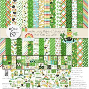 Paper & Sticker Kit - Feelin Lucky - St Patricks Day - 20 Double-Sided 12x12 Papers with 39 Designs & 1 8X12 Sticker Sheet - Scrapbooking Card Making Crafting - by Miss Kate Cuttables