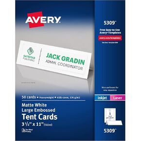 بطاقات خيمة قابلة للطباعة Avery ، 3.5 "× 11" ، أبيض مع حدود منقوشة ، 50 بطاقات مكان فارغة لليزر وحبر النبر (5309)