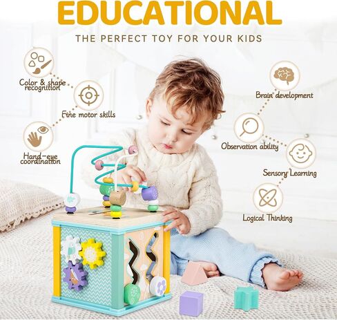Wooden Activity Cube Montessori Toys for 1 2 3 Year Old Baby Toys 12 Months Toddlers 1-3 Birthday Gift Boys Girls Sensory Interactive Learning Toys in Saudi Arabia