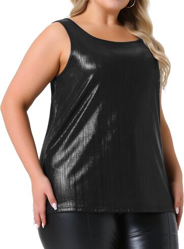 Agnes Orinda Plus Size Tops for Women Shiny Metallic Tank Top Shirt Round Neck Sleeveless Party Tee Blouse in Saudi Arabia