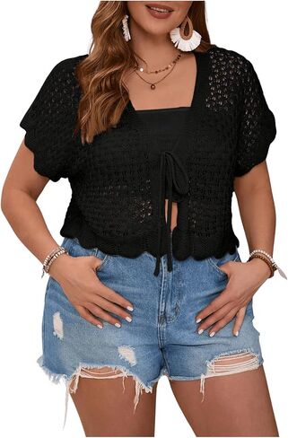 Floerns Women's Plus Size Crochet Hollow Out Tie Front Scallop Trim Crop Cardigan Sweater in Kuwait