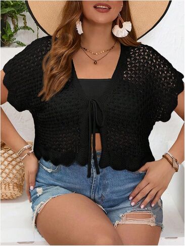 Floerns Women's Plus Size Crochet Hollow Out Tie Front Scallop Trim Crop Cardigan Sweater in Kuwait