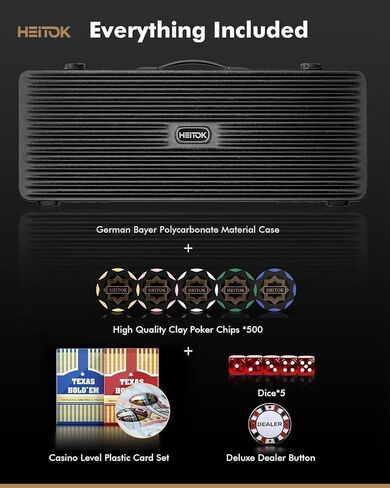Clay Poker Chip Set for Texas Hold’em, 500 PCS with Denominations, Professional Casino Blackjack Numbered Chips Set, high-end Carrying case with German Polycarbonate Shell in Saudi Arabia