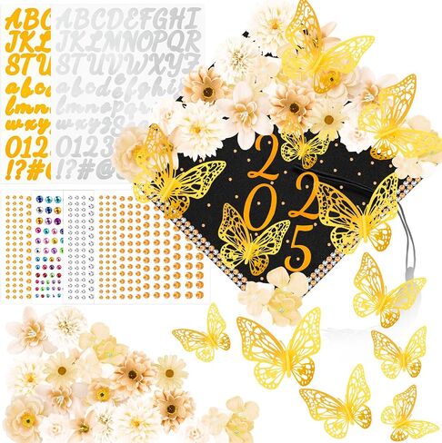 Graduation Cap Decorations Kits Faux Flower 3D Butterfly Rhinestones Glitter Alphabet Letter Sticker Champagne Color Flower DIY Graduation Cap Decor for Grad Cap Topper Graduation Party DIY Craft in Saudi Arabia