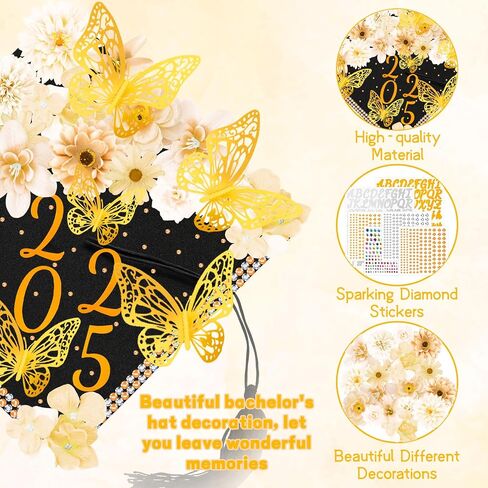 Graduation Cap Decorations Kits Faux Flower 3D Butterfly Rhinestones Glitter Alphabet Letter Sticker Champagne Color Flower DIY Graduation Cap Decor for Grad Cap Topper Graduation Party DIY Craft in Saudi Arabia