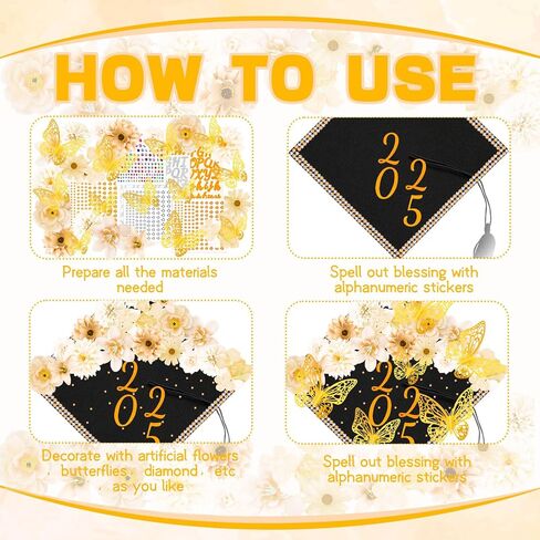 Graduation Cap Decorations Kits Faux Flower 3D Butterfly Rhinestones Glitter Alphabet Letter Sticker Champagne Color Flower DIY Graduation Cap Decor for Grad Cap Topper Graduation Party DIY Craft in Saudi Arabia