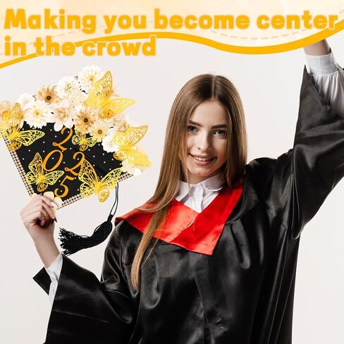 Graduation Cap Decorations Kits Faux Flower 3D Butterfly Rhinestones Glitter Alphabet Letter Sticker Champagne Color Flower DIY Graduation Cap Decor for Grad Cap Topper Graduation Party DIY Craft in Saudi Arabia