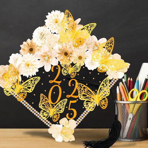Graduation Cap Decorations Kits Faux Flower 3D Butterfly Rhinestones Glitter Alphabet Letter Sticker Champagne Color Flower DIY Graduation Cap Decor for Grad Cap Topper Graduation Party DIY Craft in Saudi Arabia