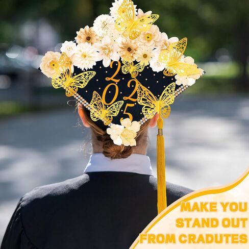 Graduation Cap Decorations Kits Faux Flower 3D Butterfly Rhinestones Glitter Alphabet Letter Sticker Champagne Color Flower DIY Graduation Cap Decor for Grad Cap Topper Graduation Party DIY Craft in Saudi Arabia