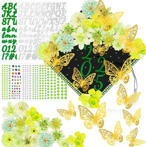 Graduation Cap Decorations Kits Faux Flower 3D Butterfly Rhinestones Glitter Alphabet Letter Sticker Champagne Color Flower DIY Graduation Cap Decor for Grad Cap Topper Graduation Party DIY Craft in Saudi Arabia