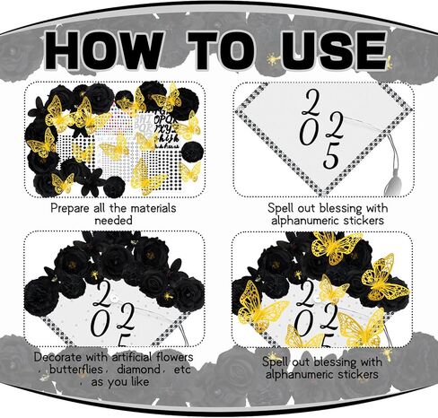Graduation Cap Decorations Kits Faux Flower 3D Butterfly Rhinestones Glitter Alphabet Letter Sticker Champagne Color Flower DIY Graduation Cap Decor for Grad Cap Topper Graduation Party DIY Craft in Kuwait