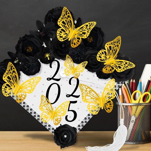Graduation Cap Decorations Kits Faux Flower 3D Butterfly Rhinestones Glitter Alphabet Letter Sticker Champagne Color Flower DIY Graduation Cap Decor for Grad Cap Topper Graduation Party DIY Craft in Kuwait