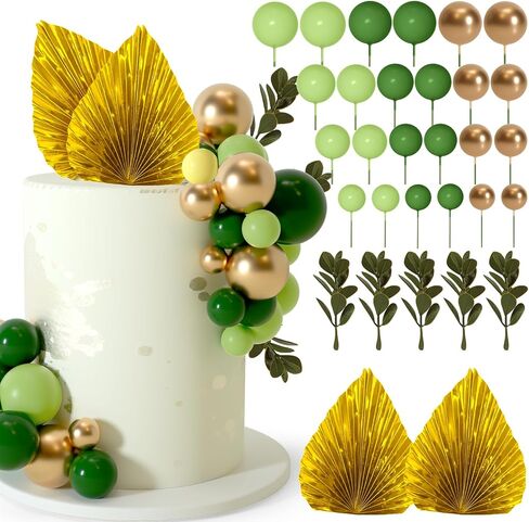 NEBURORA 64 Pcs Balls Cake Toppers and Leaves Decoration Set Mini Balloons for Cake Decorating Supplies Balls Cake decorations for Baby Shower Cake Toppers Birthday Cake Decorations (Green Gold） in Saudi Arabia