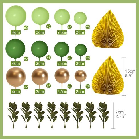 NEBURORA 64 Pcs Balls Cake Toppers and Leaves Decoration Set Mini Balloons for Cake Decorating Supplies Balls Cake decorations for Baby Shower Cake Toppers Birthday Cake Decorations (Green Gold） in Saudi Arabia