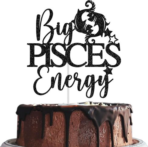 Big Pisces Energy Cake Topper, Pisces Birthday Cake Decor, Pisces Season Decorations, Zodiac Party Decor, Horoscope Birthday Party Decorations, Black Glitter in Kuwait