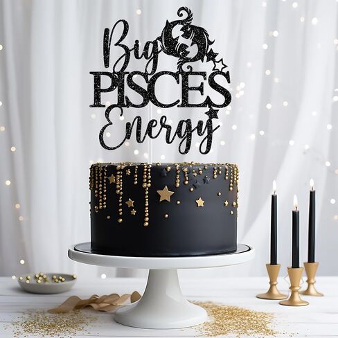 Big Pisces Energy Cake Topper, Pisces Birthday Cake Decor, Pisces Season Decorations, Zodiac Party Decor, Horoscope Birthday Party Decorations, Black Glitter in Kuwait