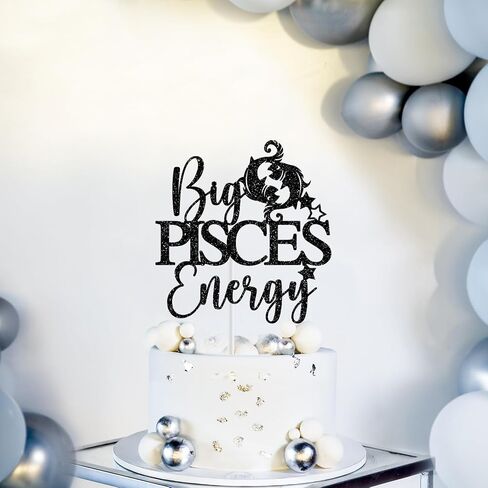 Big Pisces Energy Cake Topper, Pisces Birthday Cake Decor, Pisces Season Decorations, Zodiac Party Decor, Horoscope Birthday Party Decorations, Black Glitter in Kuwait