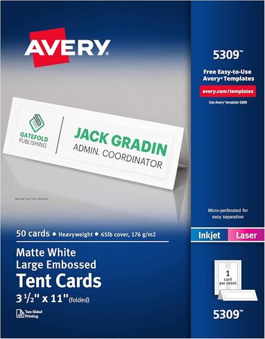 Avery Printable Tent Cards, 3.5" x 11", White with Embossed Border, 50 Blank Place Cards for Laser and Inkjet Printers (5309) in Saudi Arabia