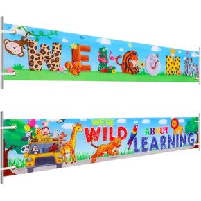 2 Pieces Creative Teaching Banner Welcome Kindergarten Banner with Animal Inspirational Poster Classroom Banner for Kids Teacher Students Decorations, Animal Style, 39.4 x 7.9 Inch