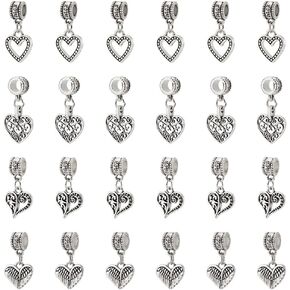 UNICRAFTALE 32Pcs 4 Styles Tibetan Style Heart Charms European Dangle Charms Metal Hollow Love Charms with European Bead Necklace DIY Finding for Jewelry Making Crafts
