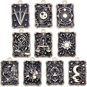 SUNNYCLUE 20PCS 10 STYLES Tarot Charms Bulk Divination Charms Halloween Gothic Magic Tarot Card Enamel Black Gold Amulet Lucky Charms for Jewelry Making Charms Diy Earrings Bracelet Necklace Craft