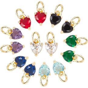 PH PandaHall 14pcs Cubic Zirconia Pendants 7 Colors Love Heart Charms Small 18K Gold Plated Pendant with Jump Ring for Earring Bracelet Necklace Choker Jewelry Accessory Making DIY Gift, 8X5mm