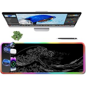 موجة البحر اليابانية 3 في 1 لوحة الماوس اللاسلكية الشحن 15W ، وسادة الماوس للألعاب RGB مع شاحن لاسلكي لـ iPhone/AirPods ، حصيرة مكتب كبيرة ، 14 وضعًا خفيفًا ، شحن مغناطيسي ، وسادة مكتب مقاومة للماء ، 31.5 "x11.8"