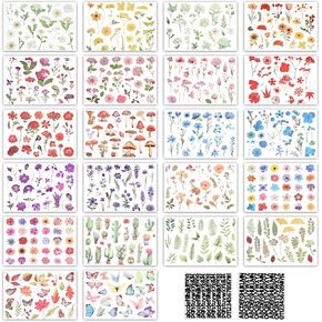 Yolev Flower Stickers Transparent Stickers Floral Stickers Pressed Flower Themed Stickers Vintage Dried Floral Botanical Journaling Stickers Transparent Flower Stickers for Scrapbook Supplies