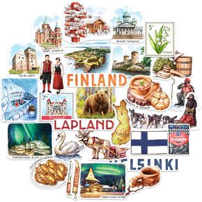 Navy Peony Arctic Finland Travel Stickers (28pcs) - Watercolor, Scandinavia, Finnish-Themed Vacation Decals for Journals, Scrapbooks, Luggage, Tumbler