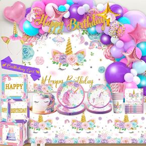 cocomigo 246PCS Unicorn Birthday Decorations Set, All-in-One Party Supplies Pack with 20 Plates, Purple Unicorn Party Supplies for Girl Birthday Party, Serves 20 Guest