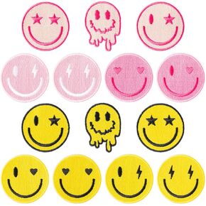 14Pcs Yellow Pink Smile Iron on Patches Preppy Aesthetic Lighting Bolt Heart Star Sew On Embroidered Applique Decorative Repair Patch DIY Craft Accessories Gifts for Girls Clothing Backpack Hat