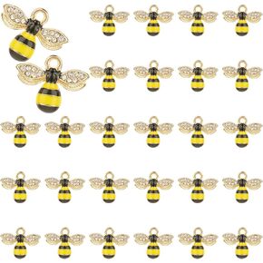 40Pcs Enamel Bee Charms Pendants Rhinestone Honeybee Pendants Bulk Gold Plated Bee Charms Cute Metal Craft Embellishments for Halloween DIY Handmade Jewelry Making Necklace Bracelet Earring