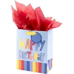 Hallmark 9" Medium Birthday Gift Bag with Tissue Paper and Mini Signs (Happy Happy Birthday, Green, Grey, Blue Hand lettering)