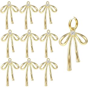 10pcs Gold Plated Brass Bowknot Charms Metal Bow Rhinestone Pendants Mini Long Ribbon Bowknot Necklace Crafting Charm for DIY Jewelry Making Earrings Bracelet Beads Supplies Women Gifts