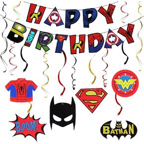 Lingteer Superhero Decorations Set - عيد ميلاد سعيد لافتة الرايات الخارقة معلقة دوامات اللافتات العلامة مثالية لزخارف حفلة عيد ميلاد الأطفال.