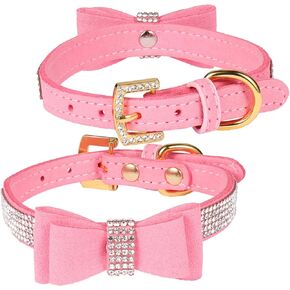 LOVPE Crystal Dog Collar/Cat Collar Velvet Leather with Bow-Knot Tie Rhinestone Puppy/Kitten Collars for Small Dogs & Cats (Pink, XS)