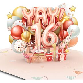Liif Happy 16th Birthday Card For Girl, Daughter, Granddaughter, Niece, Sweet sixteen, 16 Years Old Birthday Card- Pink, Balloons, Party | With Message Note & Envelop | Size 7 x 5 Inch